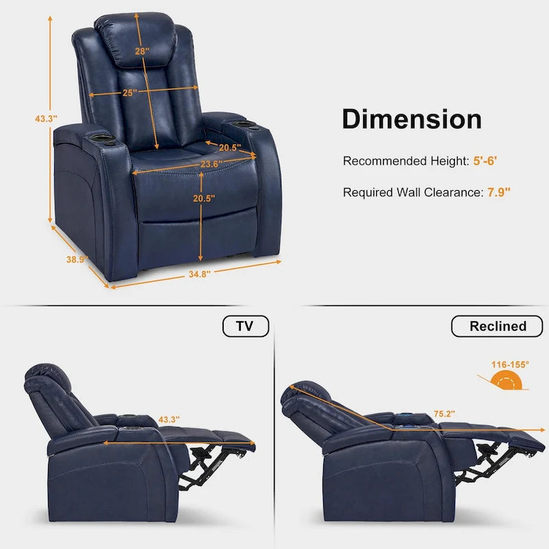 Poltrona reclinabile elettrica blu/nera/grigia con LED e tavolino, monoposto