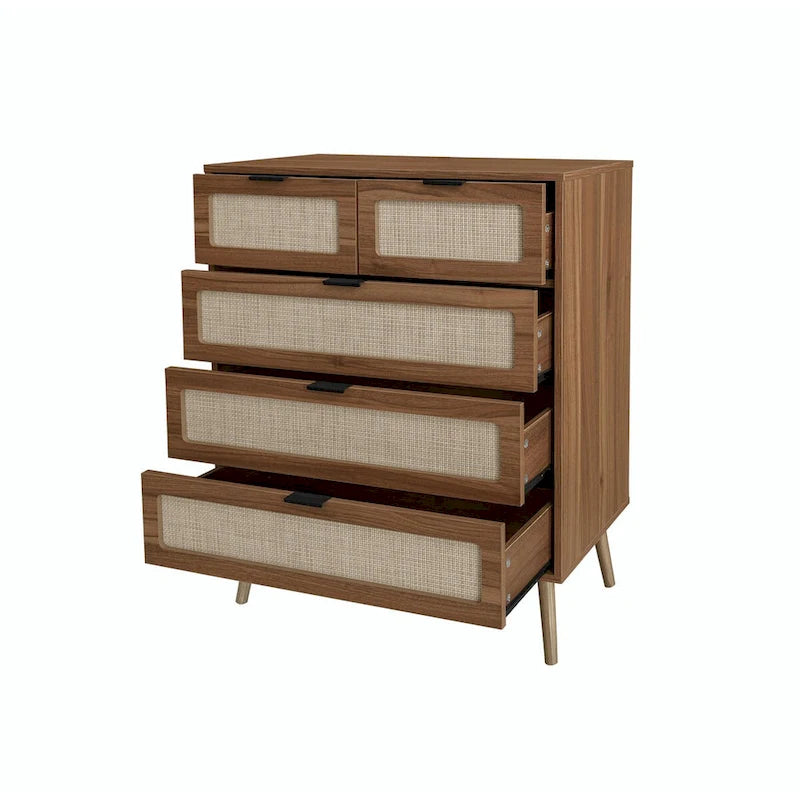 Cassettiera a 5 cassetti, nero/noce, intreccio in rattan, singola