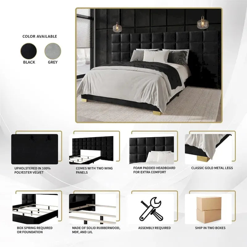 Camera da letto Silver Grey / Black Velvet per 2 – Queen & King
