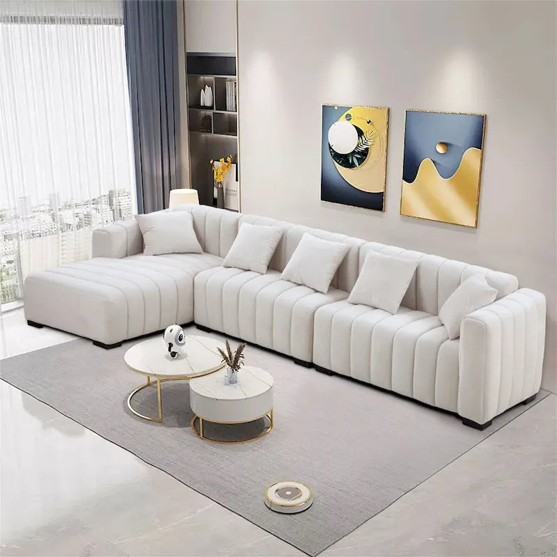Divano modulare a L con chaise longue a sinistra, in velluto beige, 2–3 posti