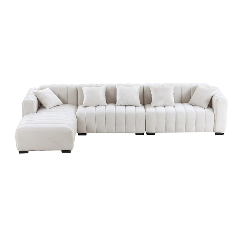 Divano modulare a L con chaise longue a sinistra, in velluto beige, 2–3 posti