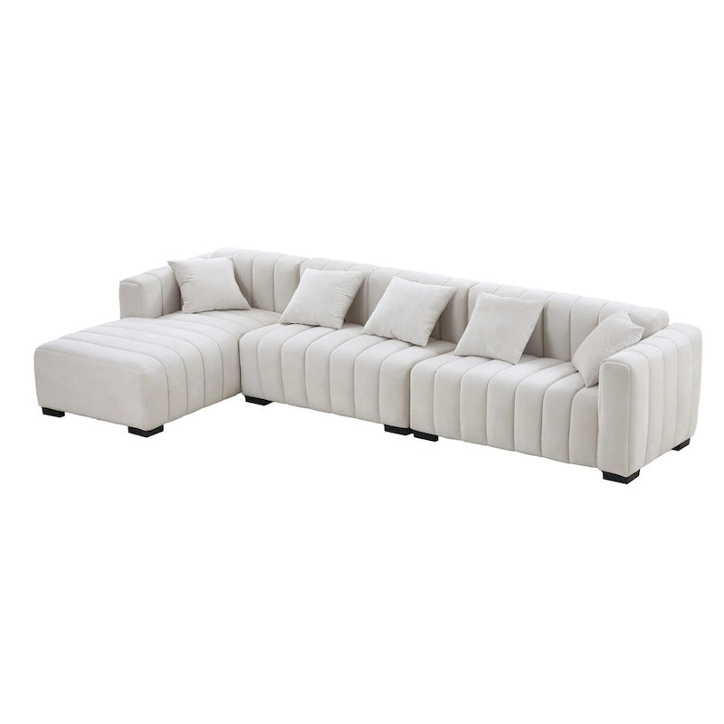 Divano modulare a L con chaise longue a sinistra, in velluto beige, 2–3 posti