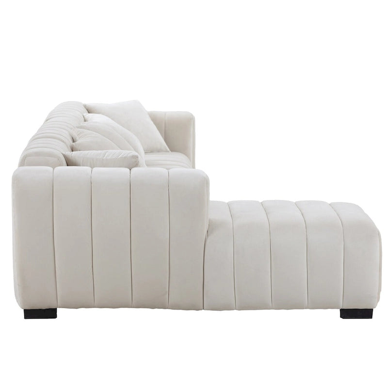 Divano modulare a L con chaise longue a sinistra, in velluto beige, 2–3 posti