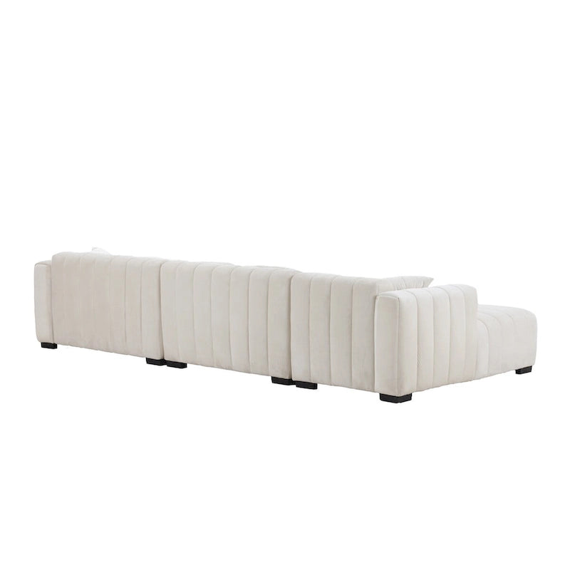 Divano modulare a L con chaise longue a sinistra, in velluto beige, 2–3 posti