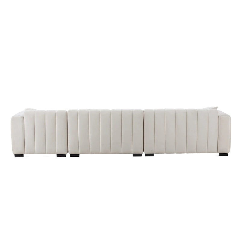 Divano modulare a L con chaise longue a sinistra, in velluto beige, 2–3 posti