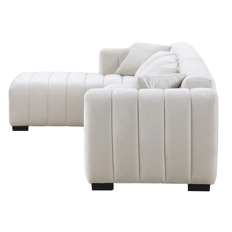 Divano modulare a L con chaise longue a sinistra, in velluto beige, 2–3 posti