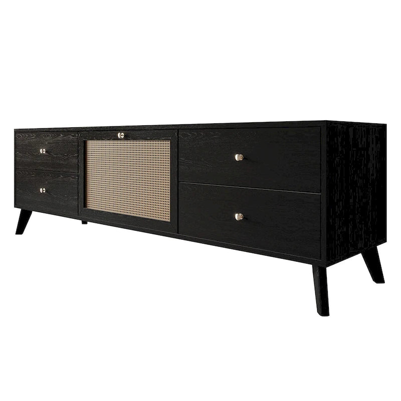 Mobile TV nero Mid-Century, 4 cassetti, adatto per TV fino a 60"