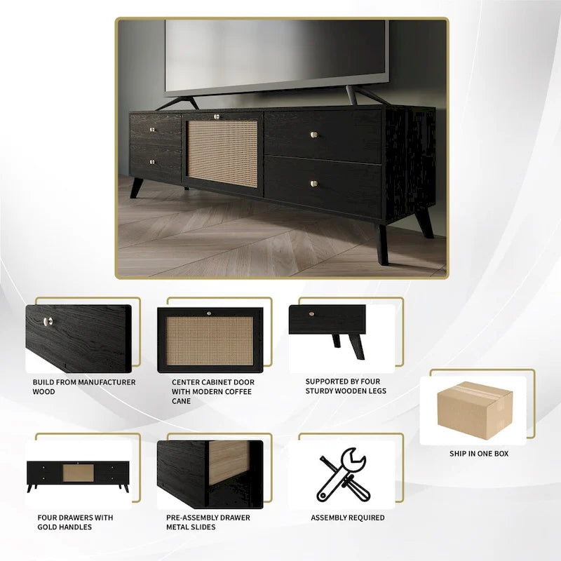 Mobile TV nero Mid-Century, 4 cassetti, adatto per TV fino a 60"