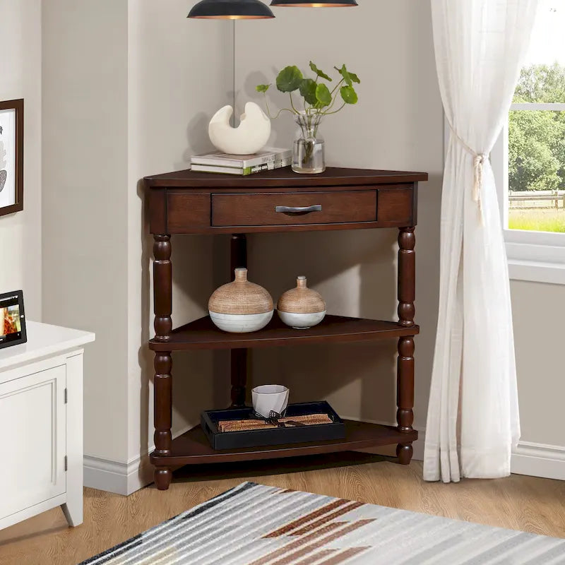 Tavolino angolare a 3 ripiani triangolare, singolo, espresso/bianco