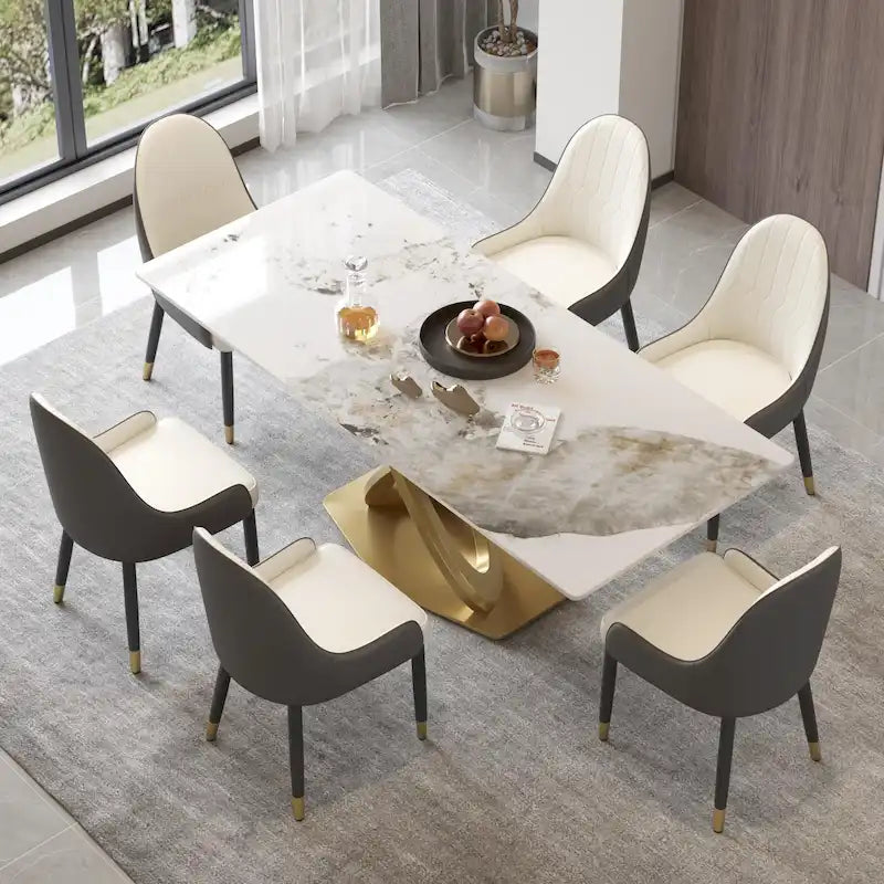 Tavolo da pranzo in pietra sinterizzata effetto bianco e nero / Pandora, base in acciaio inossidabile color oro, posti a sedere fino a 8 persone