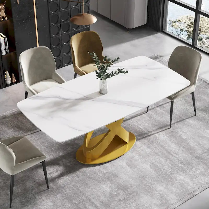 Tavolo da pranzo in pietra sinterizzata effetto bianco e nero / Pandora, base in acciaio inossidabile color oro, posti a sedere fino a 8 persone