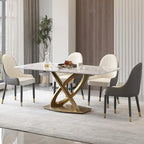 Tavolo da pranzo in pietra sinterizzata effetto bianco e nero / Pandora, base in acciaio inossidabile color oro, posti a sedere fino a 8 persone