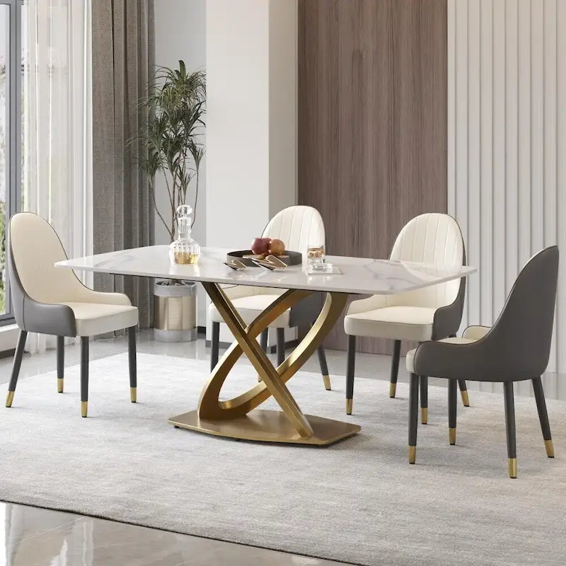 Tavolo da pranzo in pietra sinterizzata effetto bianco e nero / Pandora, base in acciaio inossidabile color oro, posti a sedere fino a 8 persone