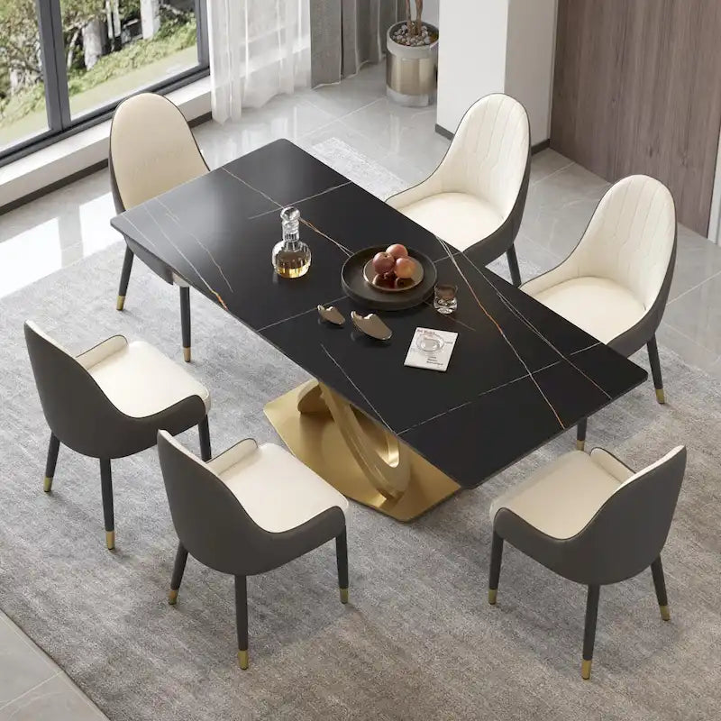 Tavolo da pranzo in pietra sinterizzata effetto bianco e nero / Pandora, base in acciaio inossidabile color oro, posti a sedere fino a 8 persone
