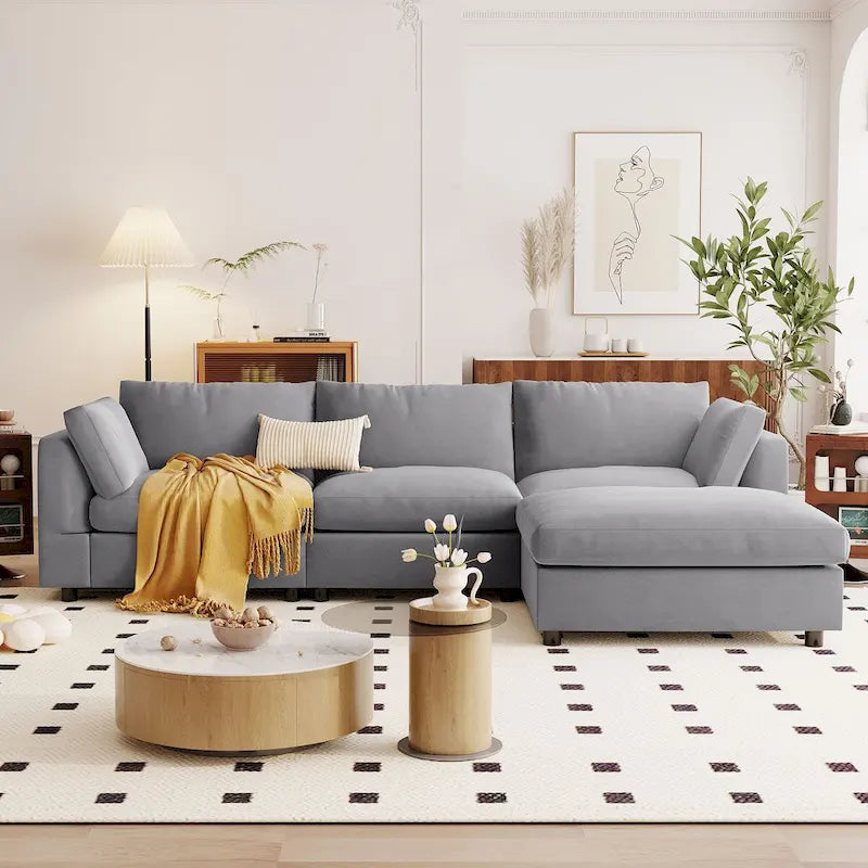 Divano componibile trasformabile imbottito, divano a L con chaise longue reversibile per soggiorno