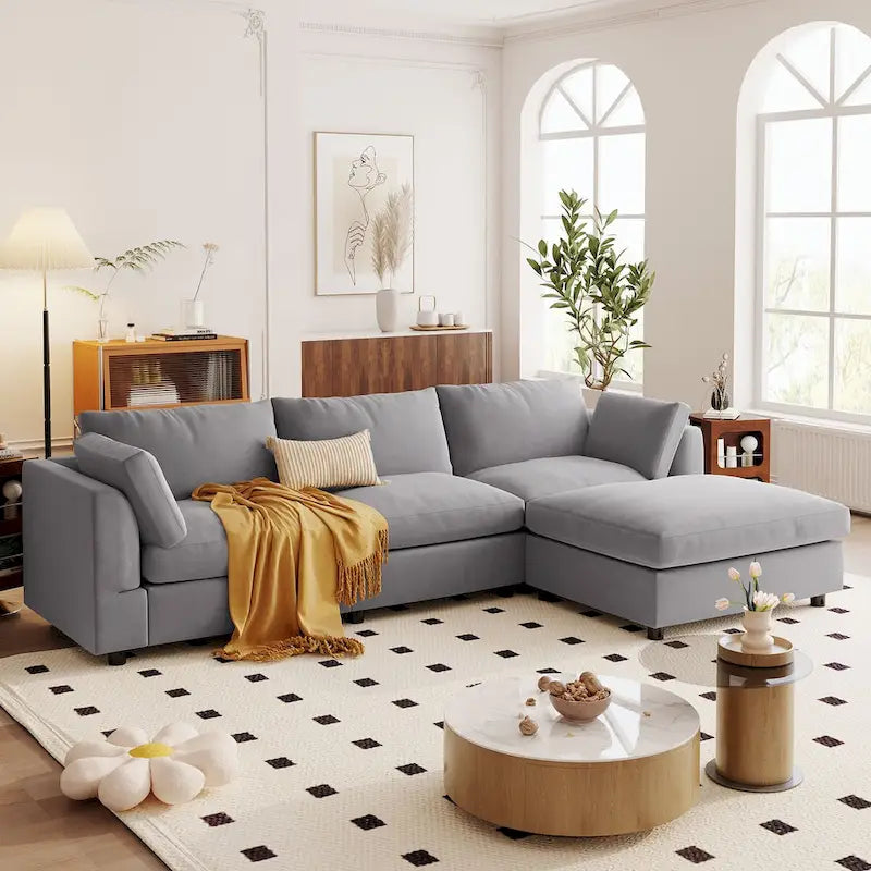 Divano componibile trasformabile imbottito, divano a L con chaise longue reversibile per soggiorno