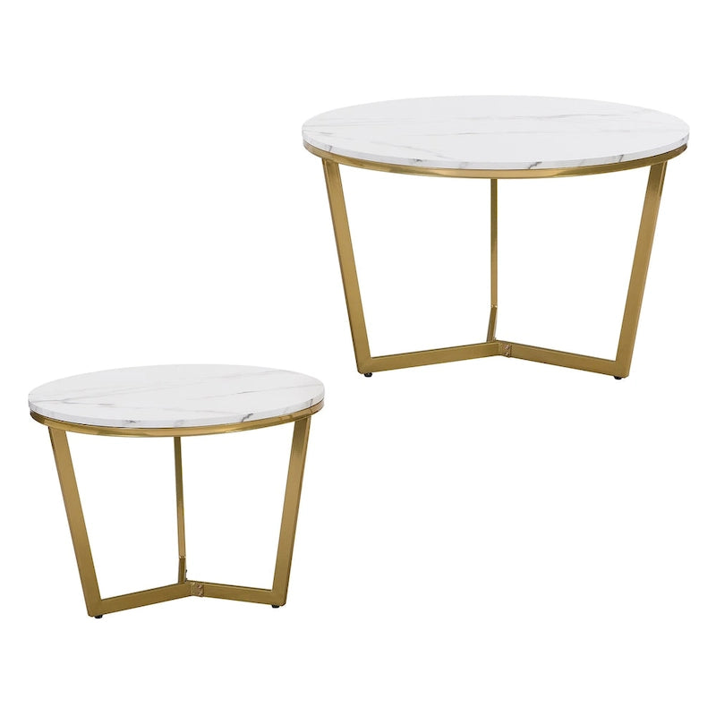 Tavolini da caffè rotondi con piano in marmo bianco, base dorata, set da 2