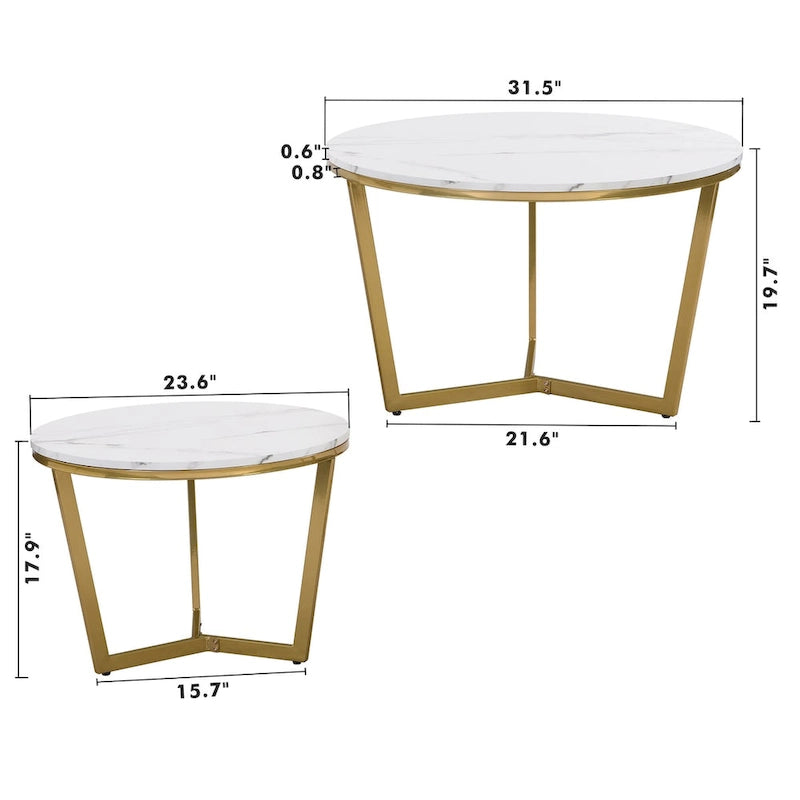 Tavolini da caffè rotondi con piano in marmo bianco, base dorata, set da 2