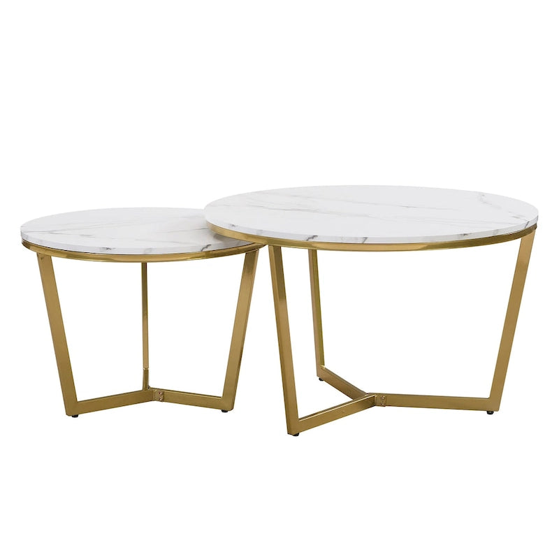 Tavolini da caffè rotondi con piano in marmo bianco, base dorata, set da 2