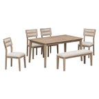 Set da pranzo 6 pezzi in legno naturale con panca, 6 posti