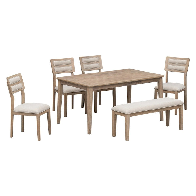 Set da pranzo 6 pezzi in legno naturale con panca, 6 posti