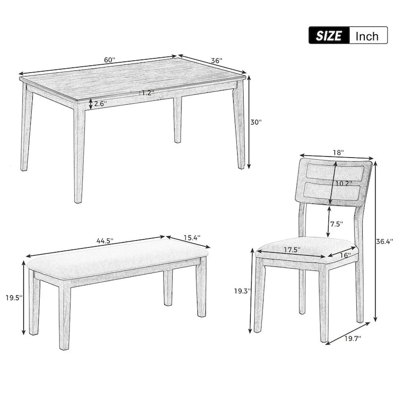 Set da pranzo 6 pezzi in legno naturale con panca, 6 posti